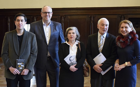 Preisverleihung Bremer Literaturpreis 2020. Tonio Schachinger, Bürgermeister Andreas Bovenschulte, Barbara Honigmann, Michael Sieber, Barbara Lison 