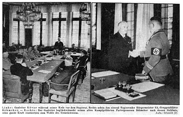 Fotos von der Amtseinführung Böhmckers am 24. Juni 1937 im Rathaus. Carl Röver (stehend bzw. links), Gauleiter und Reichsstatthalter, hatte Böhmckers (rechts in Uniform) Amtseinführung gegen den Widerstand einzelner Senatoren und gegen den Willen Hitlers durchgesetzt. Foto: Gudrun Grebe
